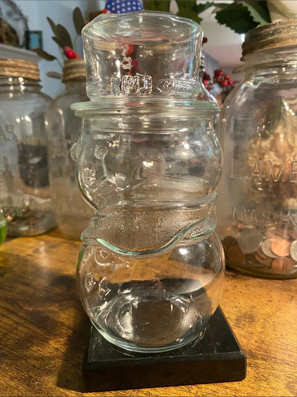 Clear Glass Snowman Holiday Candy Jar